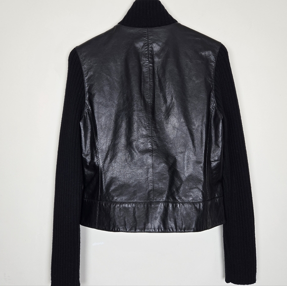 THEORY Ribbed Knit Sleeve Wool Leather Jacket - Picture 3 of 6